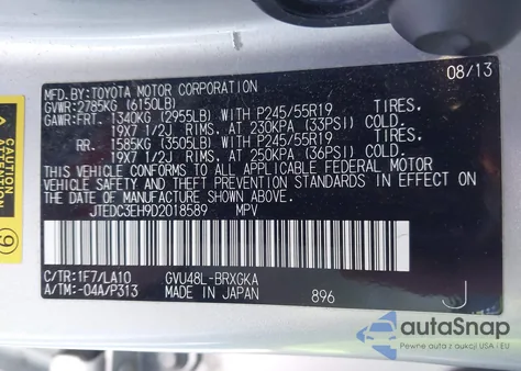 2013 Toyota Highlander Hybrid Limited V6 z USA, uszkodzony, nr VIN JTEDC3EH9D2018589